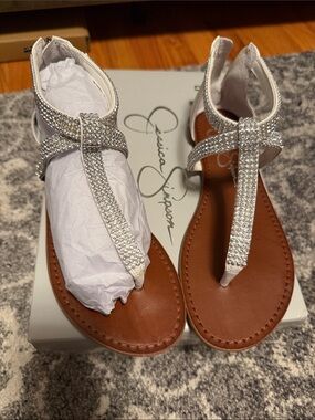 Jessica Simpson Silver Rhinestone T-Strap Sandals